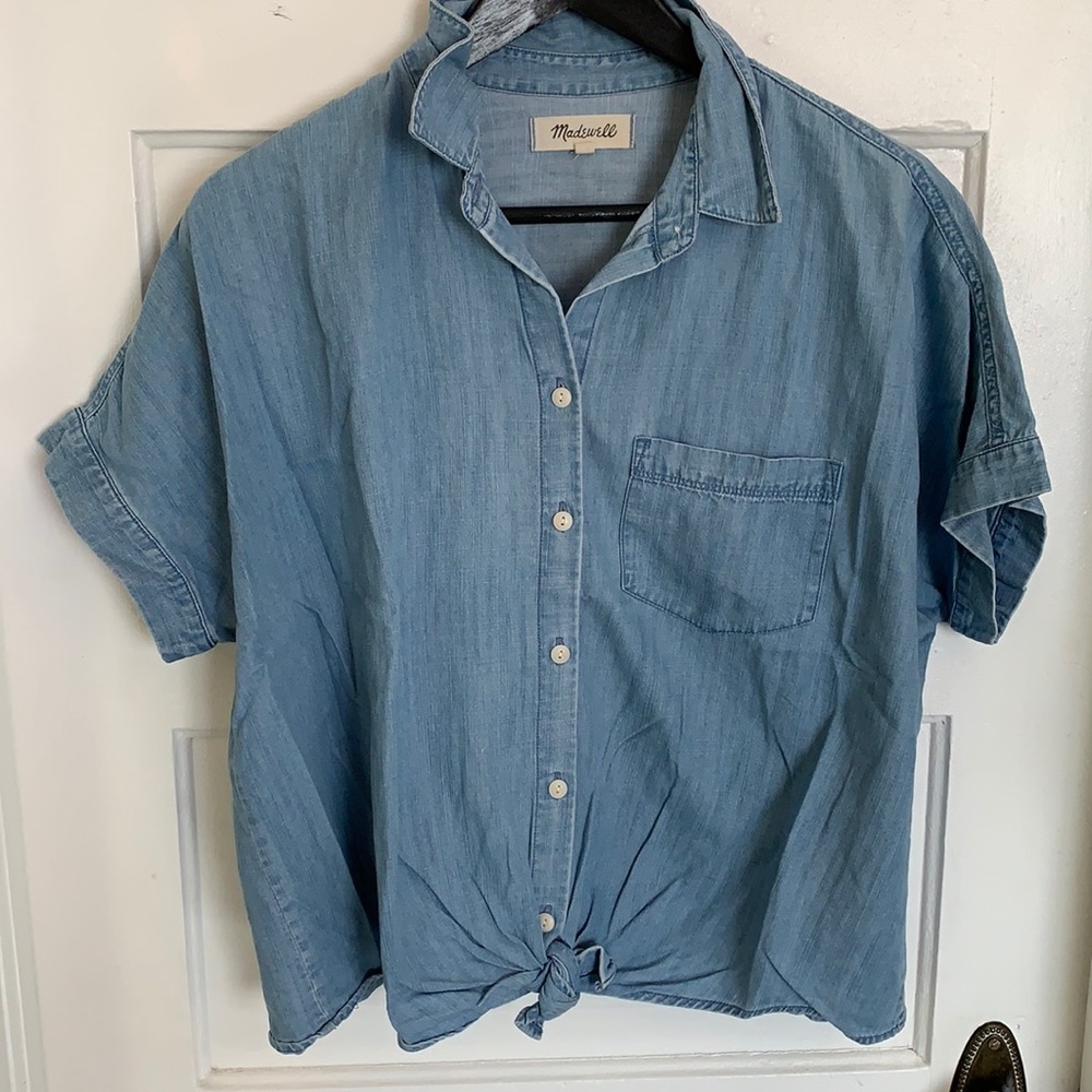 Madewell Light Blue Tie-Front Chambray Button-Up Top